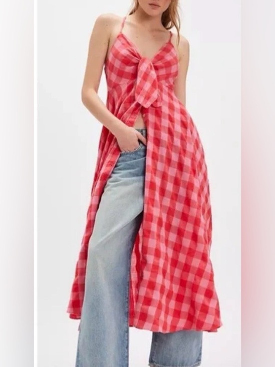 Free People Dresses & Skirts - Free People Via Midi Dress In a Bohemian Red Gingham Print Size Small NWT